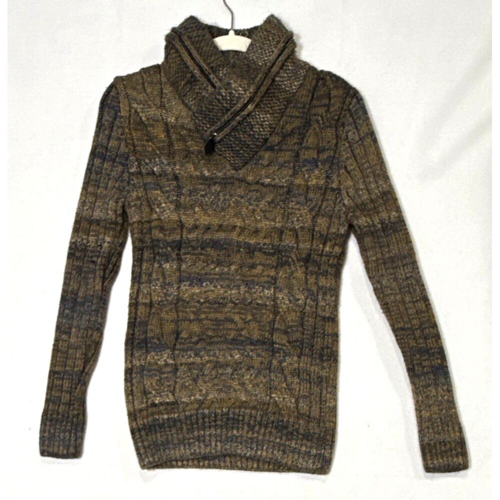 Leif Nelson Mens M Brown Gray Cable-Knit Shawl Collar Sweater Wool Blend MSRP$99